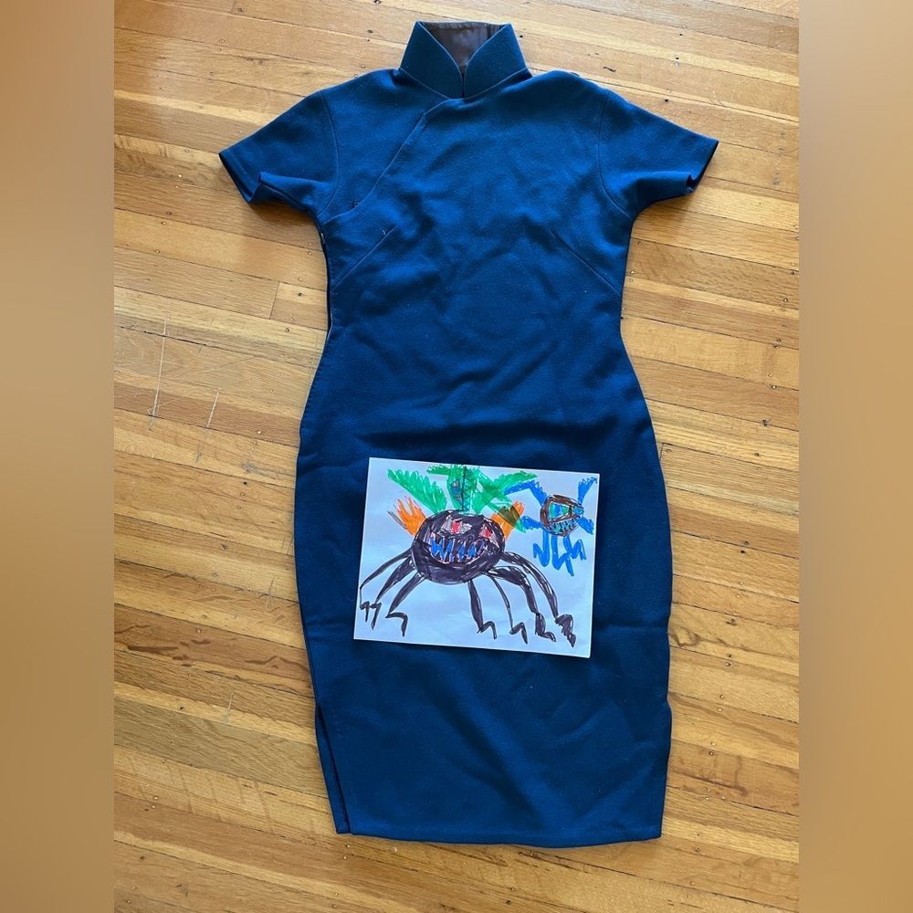 Vintage felted wool modern minimalist cheongsam qipao blue S 2 chinese dress